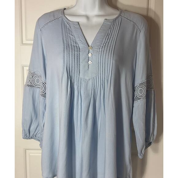 Intro Pale Blue Pleated Crochet 3/4 Sleeve Boho Peasanr Cottage Top PM - Picture 2 of 7